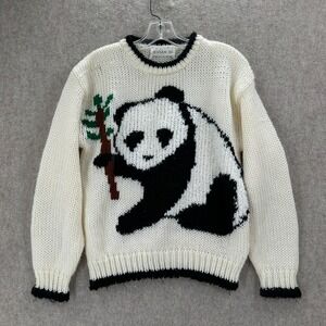 VTG Evian II Panda Bear Intarsia Chunky Knit Sweater Cream Black Trim MEDIUM